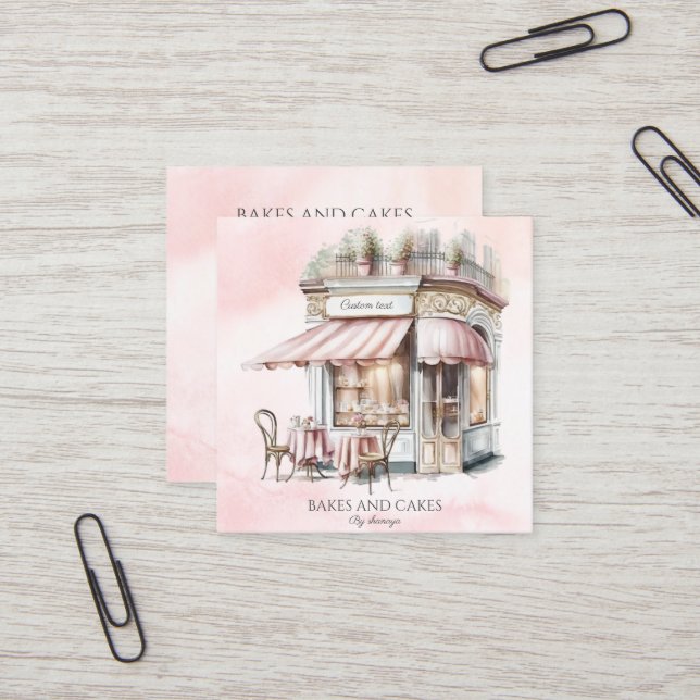 Carte De Visite Carré Aquarelle, rose vif, code QR de la boulangerie (Devant/Arrière en situation)