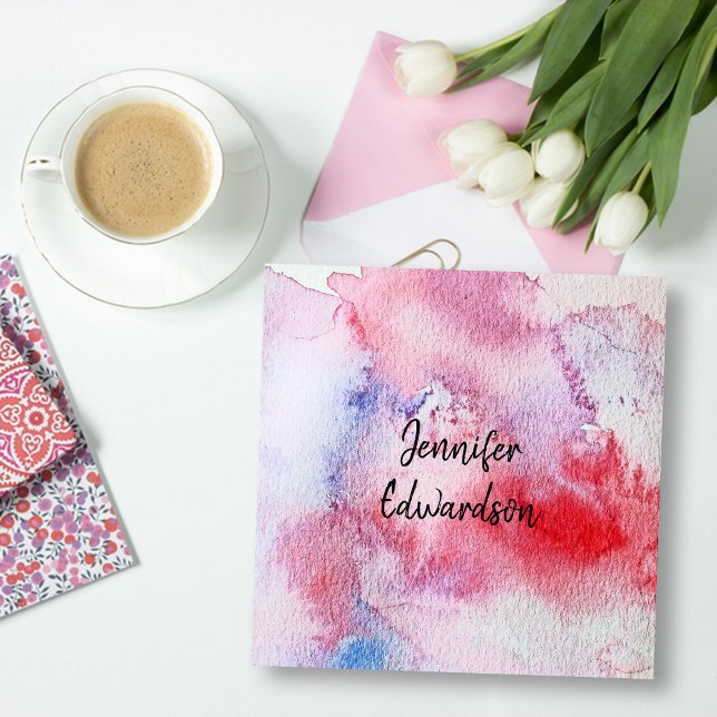 Carte De Visite Carré Aquarelle rouge rose moderne éclaboussure (Modern elegant pink blue red watercolor splatter splash square business card.)
