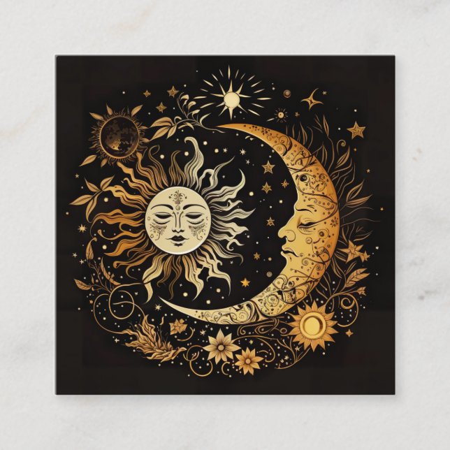 Carte De Visite Carré Aquarelle Soleil et Lune Céleste (Devant)