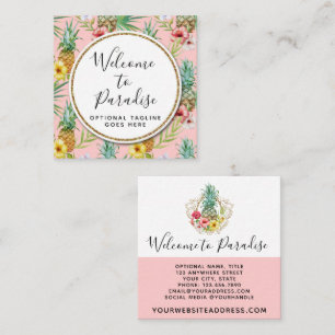 Carte De Visite Carré Aquarelle Tropicale Ananas & Hibiscus Fleurs