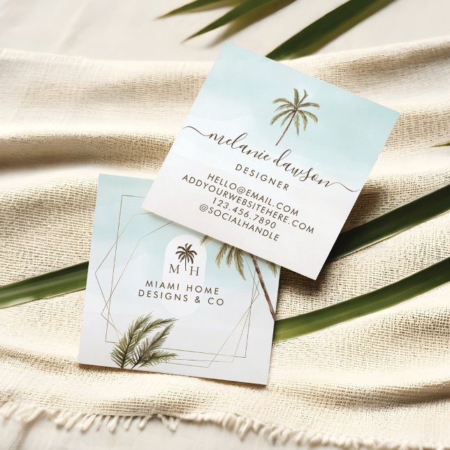 Carte De Visite Carré Aquarelle tropicale moderne Palmiers Monogramme (Modern Tropical Watercolor Palm Trees Monogram Square Business Card)