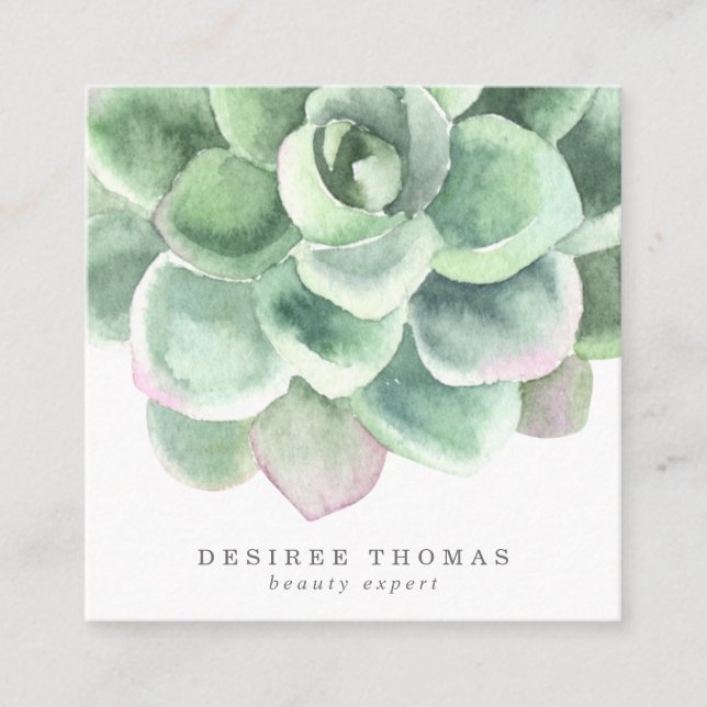 Carte De Visite Carré Aquarelle verte moderne tendance Carré Succulent (Devant)