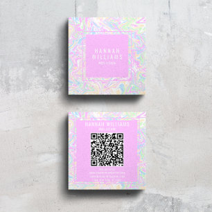 Carte De Visite Carré Arc-en-ciel coloré QR Code Liquid moderne Girly