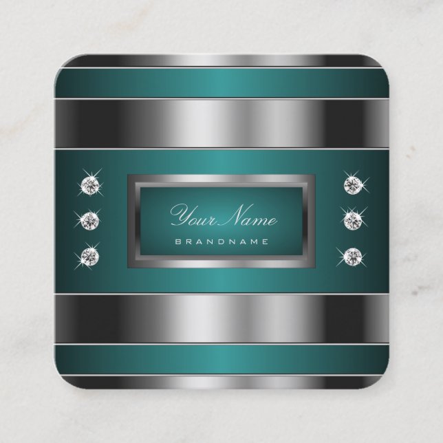 Carte De Visite Carré Argent extravagant et Turquoise avec des Rhineston (Devant)