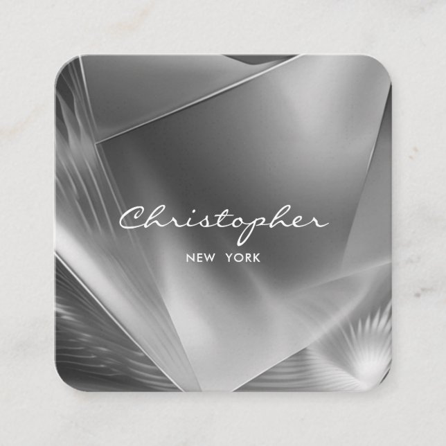 Carte De Visite Carré Argent métallique brossé | QR Code & Social Media (Devant)