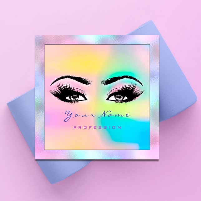 Carte De Visite Carré Artiste maquillage professionnel Eyeash Holographe (Makeup Artist Professional Eyeash Holograph Pink Square Business Card)