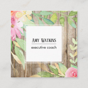 Carte De Visite Carré Artistic Boho Aquarelle Fleurs Bois Brown rustique