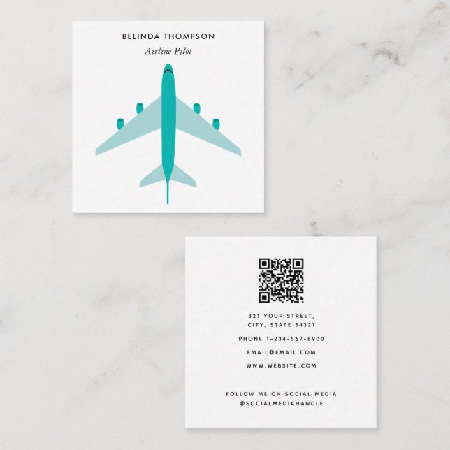 Carte De Visite Carré Avion pilote avion QR Code médias sociaux (Devant / Derrière)