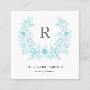 Carte De Visite Carré Azure Magnolia Wreath Monogramme médias sociaux