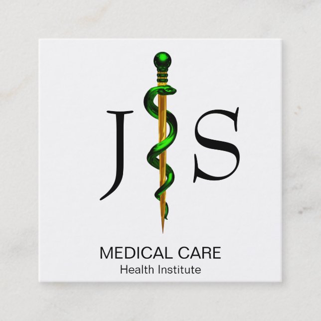 Carte De Visite Carré Bague verte de plantes d'or Asclepius Médicale (Devant)