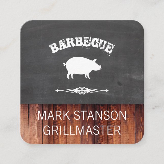 Carte De Visite Carré Barbecue / Cochon / Calque / Bois (Devant)