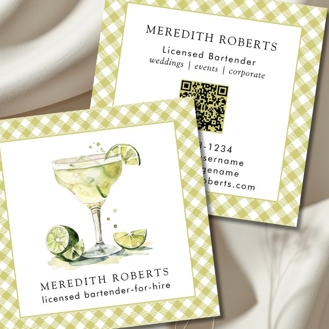Carte De Visite Carré Bartender for Hire Margarita Cocktail (Bartender Margarita Cocktail Theme Spring Green Buffalo Plaid Square Business Cards)