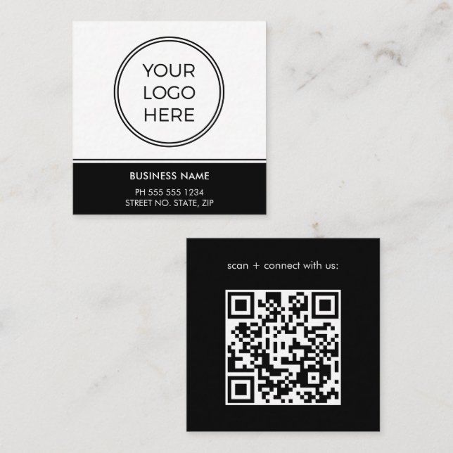 Carte De Visite Carré Basic Black Business QR Code Logo (Devant / Derrière)
