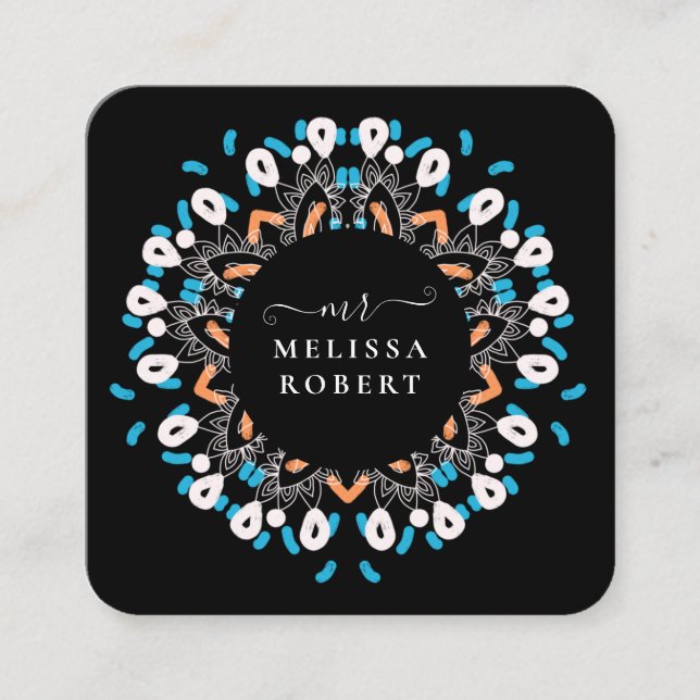 Carte De Visite Carré Beau bleu Floral Mandala Marbre Monogramme (Devant)
