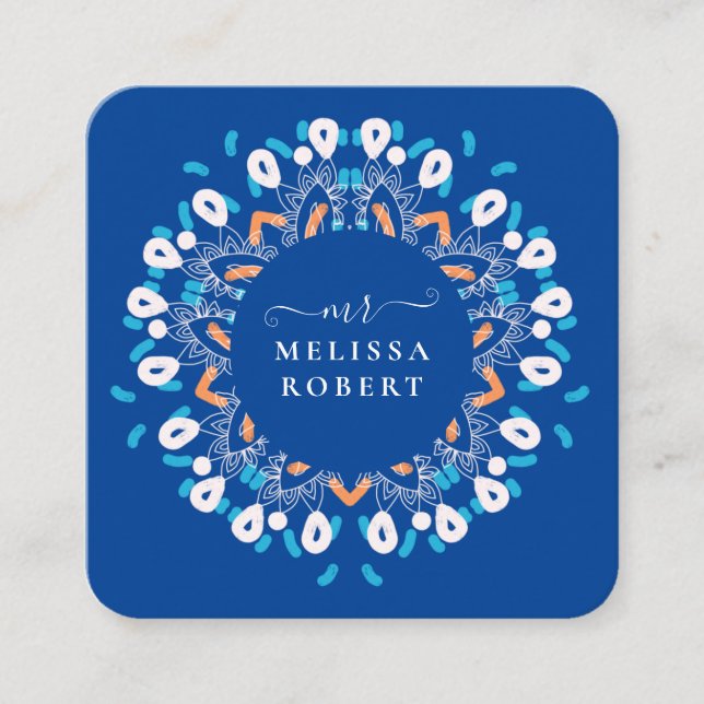 Carte De Visite Carré Beau Ciel bleu floral marbre Mandala (Devant)