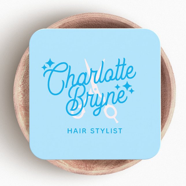 Carte De Visite Carré Beau Retro LightBlue Hair Styliste Ciseaux (Créateur téléchargé)