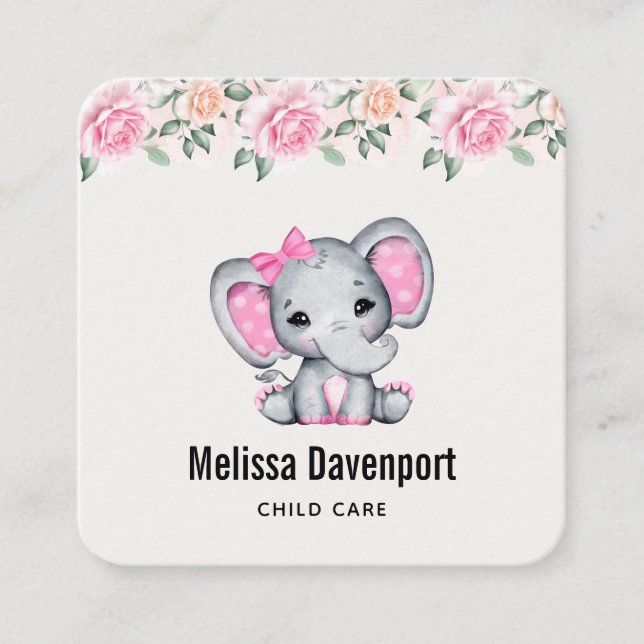 Carte De Visite Carré Bébé rose mignon éléphant et frontière Rose (Devant)