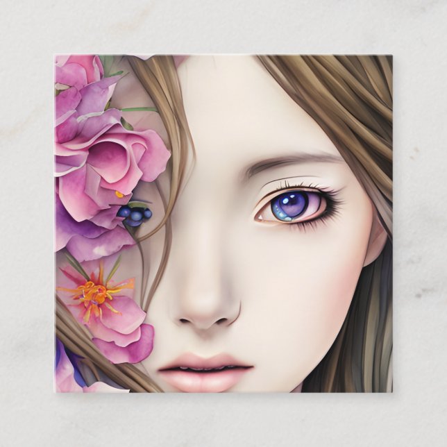 Carte De Visite Carré Belle Anime Girl avec Fleurs (Devant)