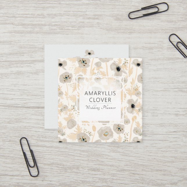 Carte De Visite Carré Belle Aquarelle Gris Jaune Pépites Floral (Devant/Arrière en situation)