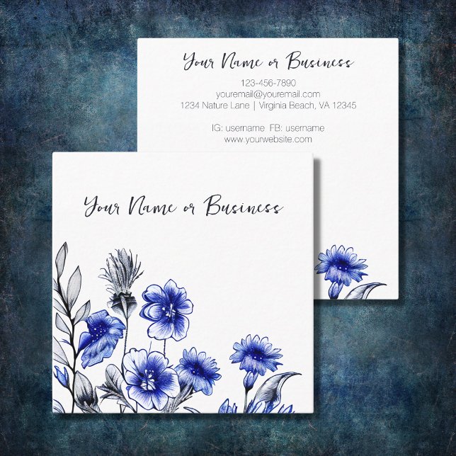 Carte De Visite Carré Belle croquis de fleurs bleu et blanc (Créateur téléchargé)