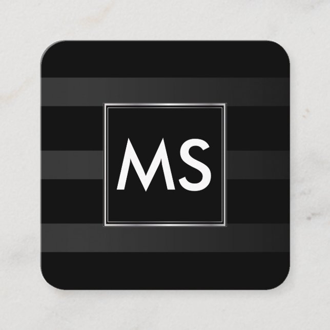 Carte De Visite Carré Belle Monogramme Chic Stripes Faux Argent Cadre (Devant)