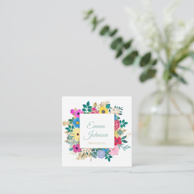 Carte De Visite Carré Belles Fleurs Botanique Aquarelle Peinture (Debout devant)