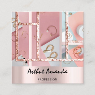 Carte De Visite Carré Bijoux Rose de luxe Pearl or rose photo QR CODE