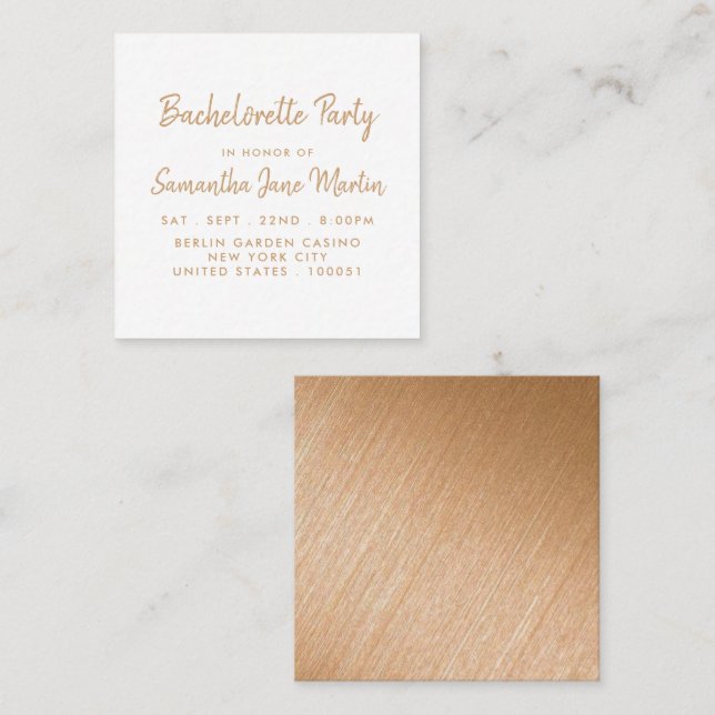 Carte De Visite Carré Billet Gold Foil & Script Bachelorette Party (Devant / Derrière)