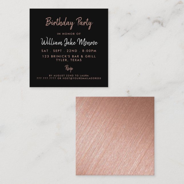 Carte De Visite Carré Billet rose Gold Foil & Script Anniversaire (Devant / Derrière)