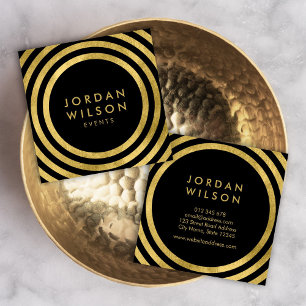 Carte De Visite Carré Black Faux Gold Round Lines Événement géométrique
