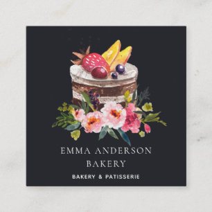 CARTE DE VISITE CARRÉ BLACK FRUIT FLORAL CAKE PATISSERIE CUPCAKE BAKERY