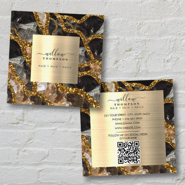 Carte De Visite Carré Black Gold Géode Agate Médias sociaux Code QR (Black Gold Geode Agate Social Media QR Code Square Business Card)
