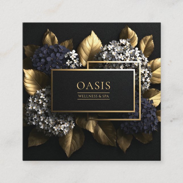Carte De Visite Carré Black Gold Hydrangea Floral Geometric Modern (Devant)