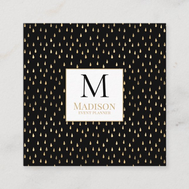 Carte De Visite Carré Black Gold Raindrop Moderne Monogramme tendance (Devant)