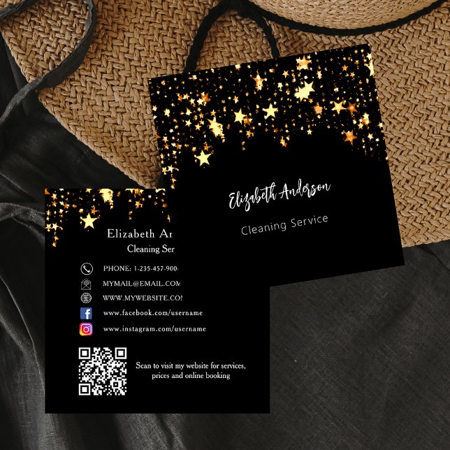 Carte De Visite Carré Black gold stars QR code médias sociaux (Créateur téléchargé)