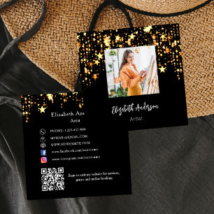 Carte De Visite Carré Black gold stars QR code photo des médias sociaux