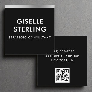 Carte De Visite Carré Black Silver Luxury QR Code minima Typographie