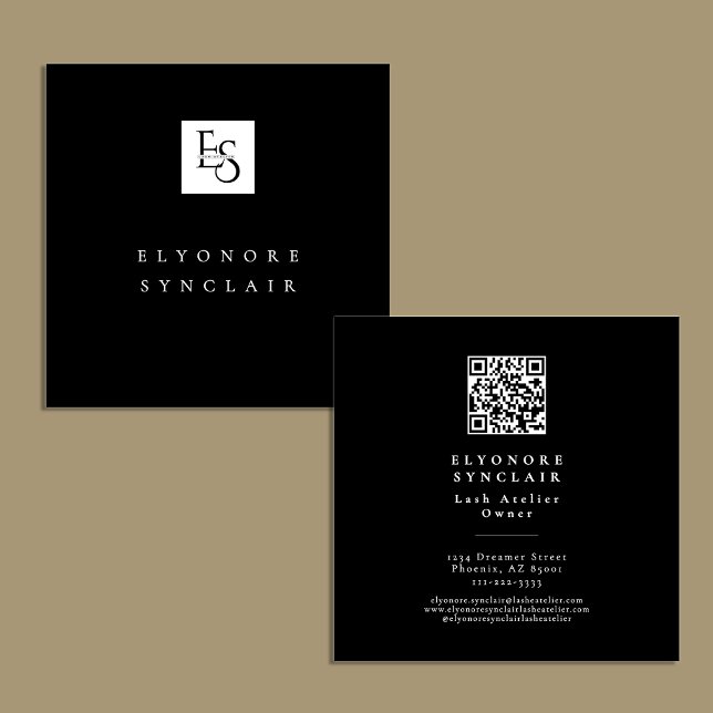 Carte De Visite Carré Black White Script Lashes Studio Logo QR Code  (Créateur téléchargé)