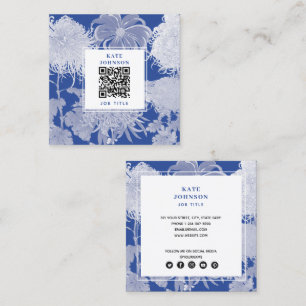 Carte De Visite Carré Blanc bleu Vintage Chinoiserie Floral QR Code