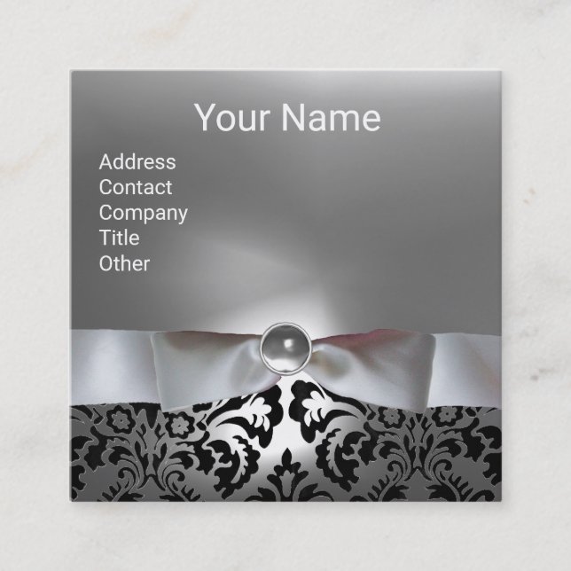 CARTE DE VISITE CARRÉ BLANC NOIR DAMASK RIBBON, MONOGRAMME GEMSTONE GRIS (Devant)