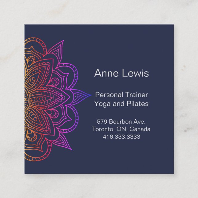 Carte de visite Carré bleu avec Floral Mandala (Devant)