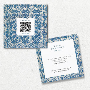 Carte De Visite Carré Bleu blanc géométrique QR Code Médias sociaux