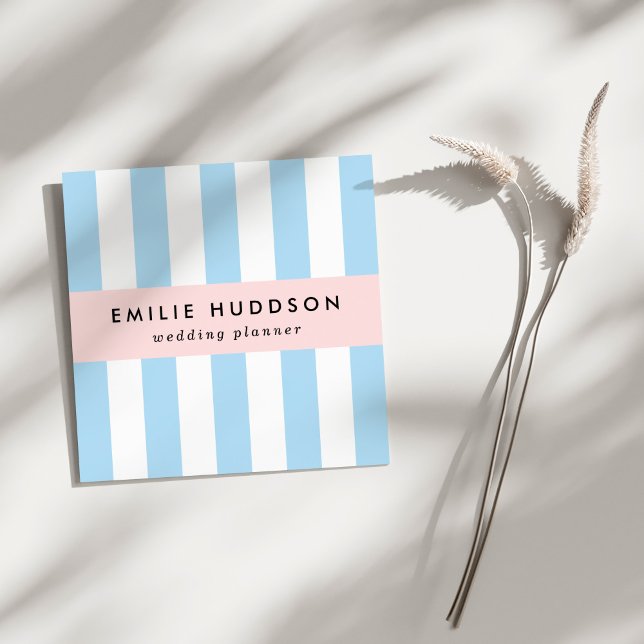 Carte De Visite Carré Bleu, Blancs, Motif rayé (Créateur téléchargé)