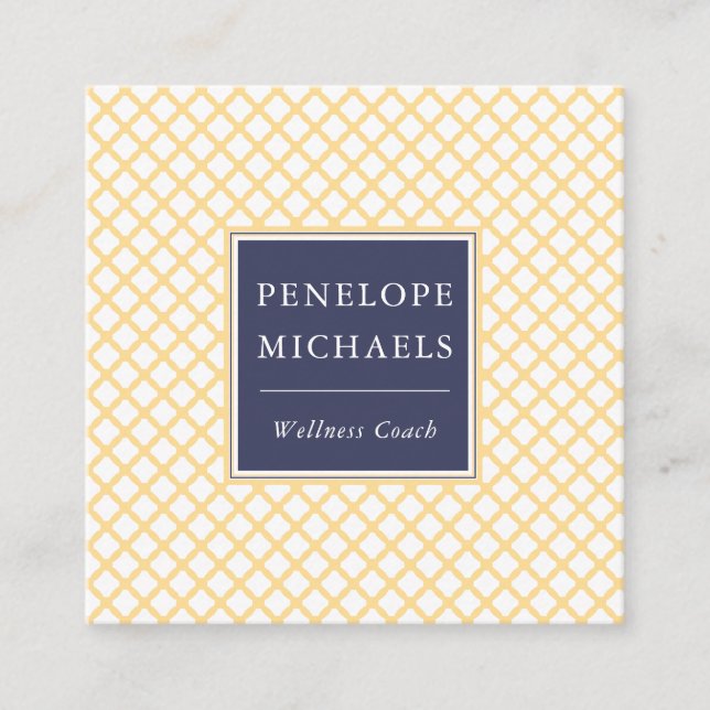 Carte De Visite Carré Bleu élégant avec Motif Trellis Jaune (Devant)