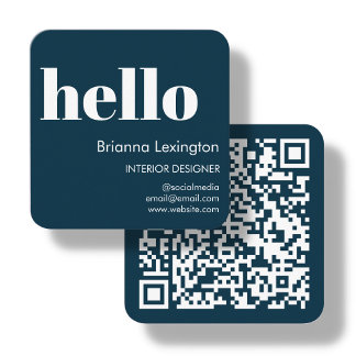 Carte De Visite Carré Bleu Marine | QR Code Médias sociaux Bonjour