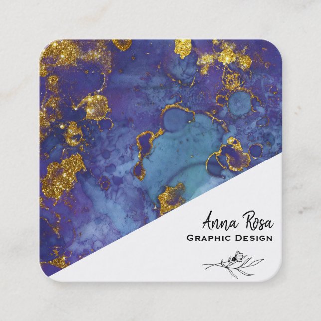 Carte De Visite Carré *~* Bleu Or Marbre Floral Abstrait Bio (Devant)