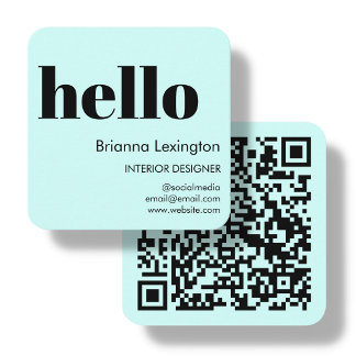 Carte De Visite Carré Bleu | QR Code Médias sociaux | Bonjour