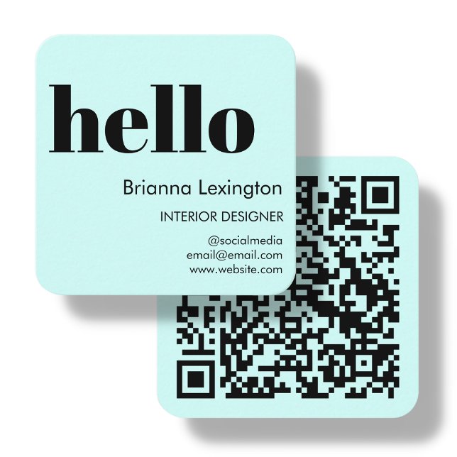 Carte De Visite Carré Bleu | QR Code Médias sociaux | Bonjour (Créateur téléchargé)