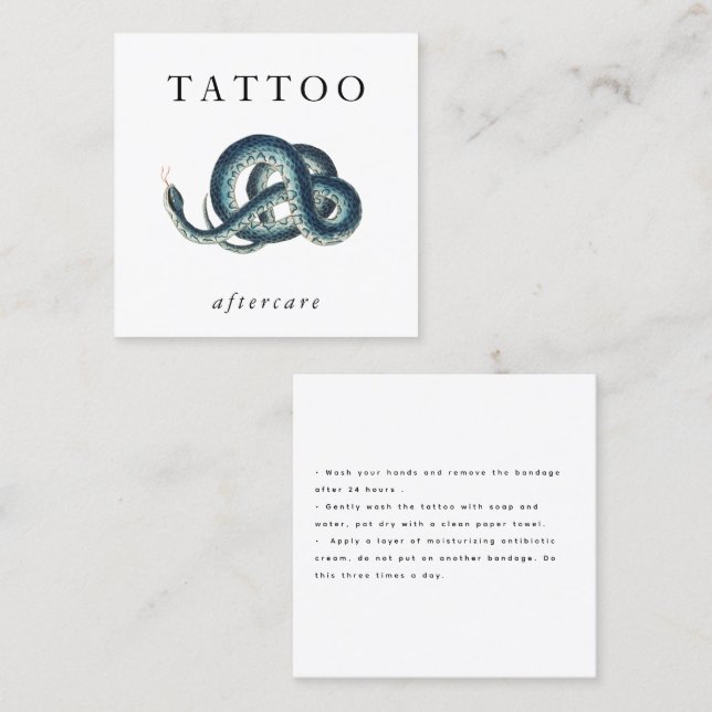 Carte De Visite Carré Bleu serpent Tatouage Instructions d'après-soins M (Devant / Derrière)