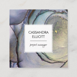 Carte De Visite Carré Bleu Turquoise violet et or Encre d'alcool Liquide